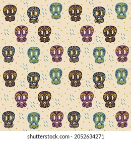 Skulls with colorful paintings on the day of the dead. Autumn background background for Halloween celebrations. Carnival skulls in the doodle circle. Vector illustration