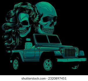skulls couple and jeep