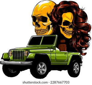 skulls couple and jeep vector illustration design