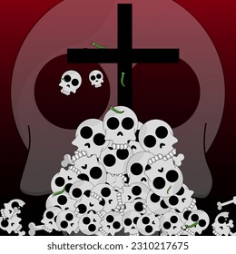 Calaveras con una cruz sobre fondo de cielo rojo. Tarjeta escalofriante con Cuchillas y Worms. Concepto de horror. Ilustración vectorial.