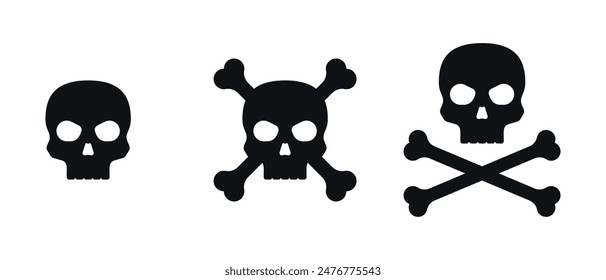 Skulls and crossbones. Skulls with crossbones icons collection isolated on white background. Death logo, symbol, sign. Pirate symbol. Vector graphic.