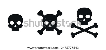 Skulls and crossbones. Skulls with crossbones icons collection isolated on white background. Death logo, symbol, sign. Pirate symbol. Vector graphic.