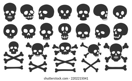 Skulls and crossbones icons set. Pirate signs. Halloween skull collection. Jolly Roger silhouette. Vector set isolated on white background