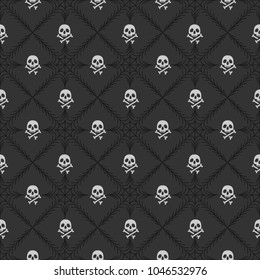 Skulls with crossbones on spiderweb background. Halloween inspired pattern.
