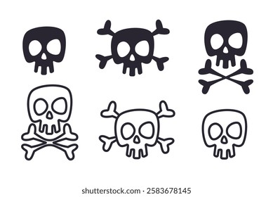 Skulls with crossed bones icon collection. Logotype black silhouette and outline isolated. Skeletons emblems and creepy badges. Undead spooky monochrome logo. Halloween sticker. Vector set