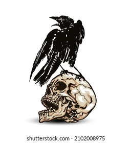 Skulls and Crow. Hand drawn vector illustration of a screaming skulls on the ground and a croaking crow on it.