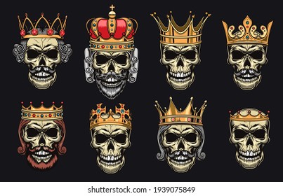 Skulls in crowns flat illustration set. Dead king heads for isolated tattoo vector illustration collection. Monarchy, death and design concept