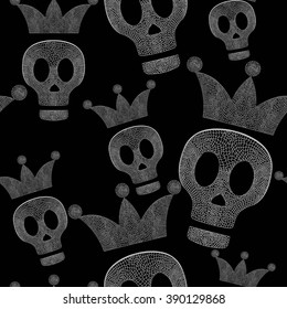 Skulls with crowns on black background - seamless psychedelic pattern. Vector.