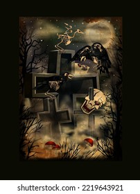 Skulls and crows in night cemetery, halloween card vector illustration