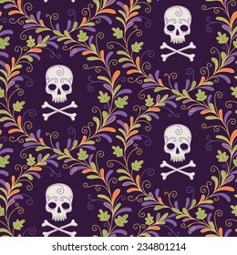 Skulls in curling branches. Seamless pattern for Halloween design 