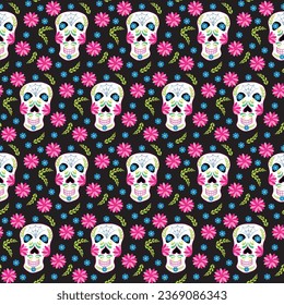 Skulls of the dead day. Mexican sugar man head halloween tattoo to honor death. Seamless pattern.