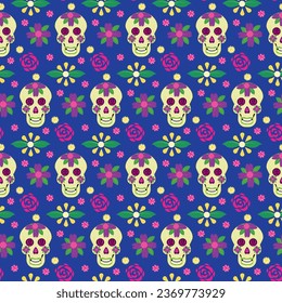 Skulls of the dead day. Mexican sugar man head halloween tattoo to honor death. Seamless pattern.