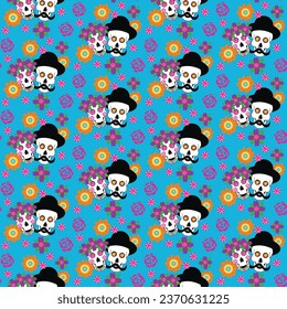 Skulls of the dead day. Mexican sugar man head halloween tattoo to honor death. Seamless pattern.