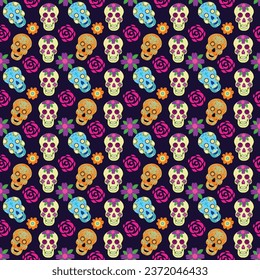 Skulls of the dead day. Mexican sugar man head halloween tattoo to honor death. Seamless pattern.