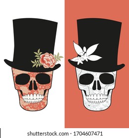 Skulls decorated with floral pattern, wearing top hats adorned with flowers