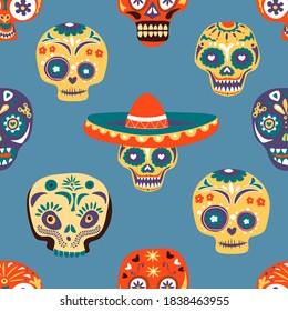 Skulls decorated with flowers and floral ornaments, seamless pattern. Dia de los muertos, Mexican holidays celebration. Day of the dead background or print for greeting card, vector in flat style