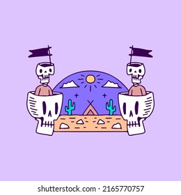 Skulls with desert landscape, illustration for t-shirt, sticker, or apparel merchandise. With doodle, retro, and cartoon style.