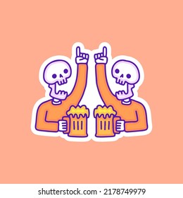 Skulls drinking beers illustration, with soft pop style and old style 90s cartoon drawings. Artwork for street wear, t shirt, patchworks; for teenagers clothes.