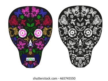 Skulls with fantasy flowers and butterflies. Monochrome vector illustration hand drawn.  T-shirt  designs. 