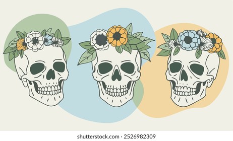 Skulls with floral crowns in soft pastel hues, for Day of the Dead-inspired patterns, event graphics