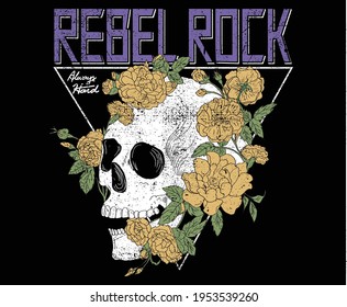 skulls with flower rock band poster deign. rock and roll vector design for t-shirt. rock and roll vintage logo design