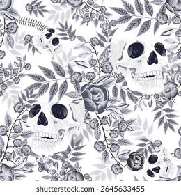 Skulls and Flower seamless pattern on white background
