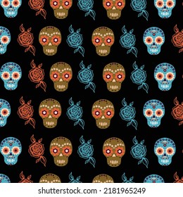 Skulls and flower  textile pattern, horror sculls and serpents endless wallpaper background, cartoon style, death love fashion theme