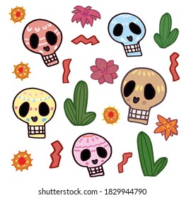 skulls and flowers, cacti. Items in the vector.