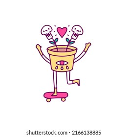 Skulls flowers character riding skateboard, illustration for t-shirt, sticker, or apparel merchandise. With pop art style.