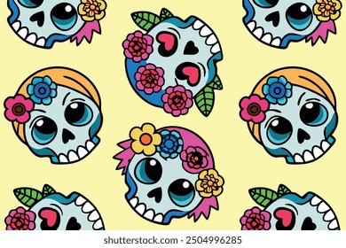 Skulls and flowers in a colorful Dia de los Muertos pattern on a yellow background.