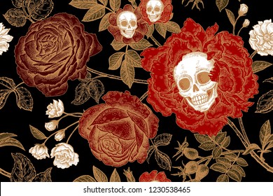 Skulls, flowers and foliage. Floral seamless pattern. Vector illustration. Symbols of day dead. Vintage. Golden foil, red roses, white skulls, black background. Template for paper, textiles, wallpaper