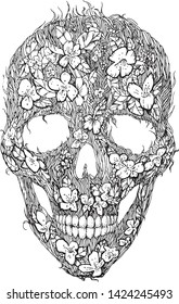 Skulls, flowers and foliage. Floral seamless pattern. Vector illustration. Symbols of day dead. Vintage. Template for paper, textiles, wallpaper