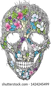 Skulls, flowers and foliage. Floral seamless pattern. Vector illustration. Symbols of day dead. Vintage. Template for paper, textiles, wallpaper
