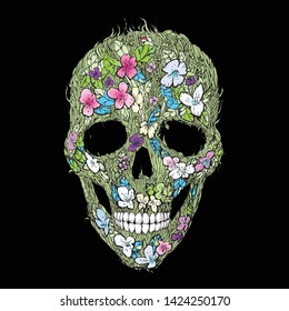 Skulls, flowers and foliage. Floral seamless print. Vector illustration. Symbols of day dead. Vintage. Template for paper, textiles, wallpaper