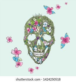 Skulls, flowers and foliage. Floral seamless print. Vector illustration. Symbols of day dead. Vintage. Template for paper, textiles, wallpaper