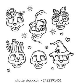 SKULLS WITH FLOWERS AND HEARTS Cheerful Faces With Bow Snake Cactus And Flower Monochrome Sketch Halloween Holiday Horror Vector Pattern Print Illustration