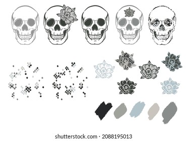 Skulls with flowers and snake skin texture. Floral boho and grunge designs for tshirt print.