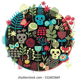 Skulls and flowers. Vector illustration. 