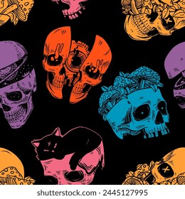 Skulls with with fly agaric. Seamless Pattern on the black background. Vector illustration.