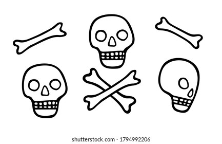 Skulls full face and in profile and human bones. Set of hand drawn black design elements for Halloween decoration. Stock vector doodle illustration isolated on transparent background.