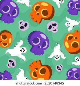 Skulls and Ghosts, halloween design. Trick or treats, scary, skeleton, pattern for background, frightening, spook, specter, spirit, fearful. Vector illustration