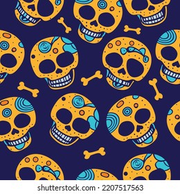  Skulls halloween yellow on purple background with bones, day of the dead holiday card, mexican bright skulls, mexican style for holiday card