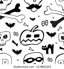 Skulls hand drawn seamless pattern for Halloween packaging, wrapping and pirate flags. Endless background vector illustration with sketched doodle skull isolated on white