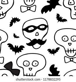 Skulls hand drawn seamless pattern for Halloween packaging, wrapping and pirate flags. Endless background vector illustration with sketched doodle skull isolated on white