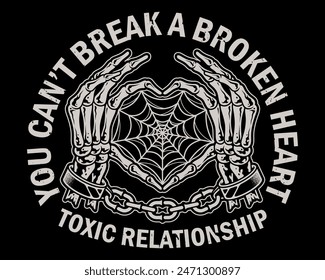 The skull's hands form a love symbol that is handcuffed to both arms. For t-shirts, stickers and other similar products.