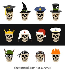 Skulls with hat, helmet, cap, bandanna and crown