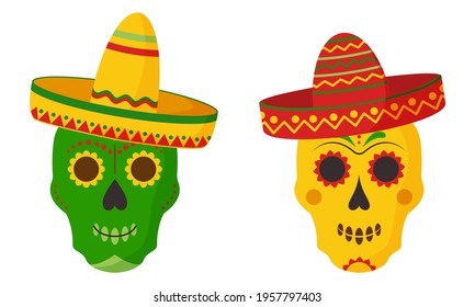 Skulls in hat sombrero, vector mexican icon set  isolated on white background. Cartoon illustration