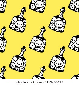 Skulls head in the bottle, seamless pattern background illustration for t-shirt, sticker, or apparel merchandise. With doodle, retro, and cartoon style.
