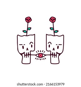 Skulls head, flowers, and one eye, illustration for t-shirt, sticker, or apparel merchandise. Doodle art.