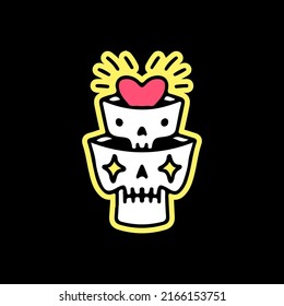 Skulls head with heart inside, illustration for t-shirt, sticker, or apparel merchandise. With doodle, retro, and cartoon style.